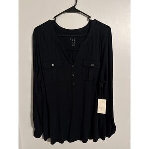 A New Day Womens Black Henley Roll Tab Sleeve Blouse XL NWT Chest Pockets